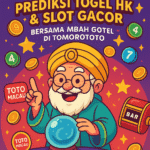 Mbah Gotel memberikan prediksi togel HK dan slot gacor di TOMOROTOTO dengan ilustrasi lucu penuh simbol keberuntungan